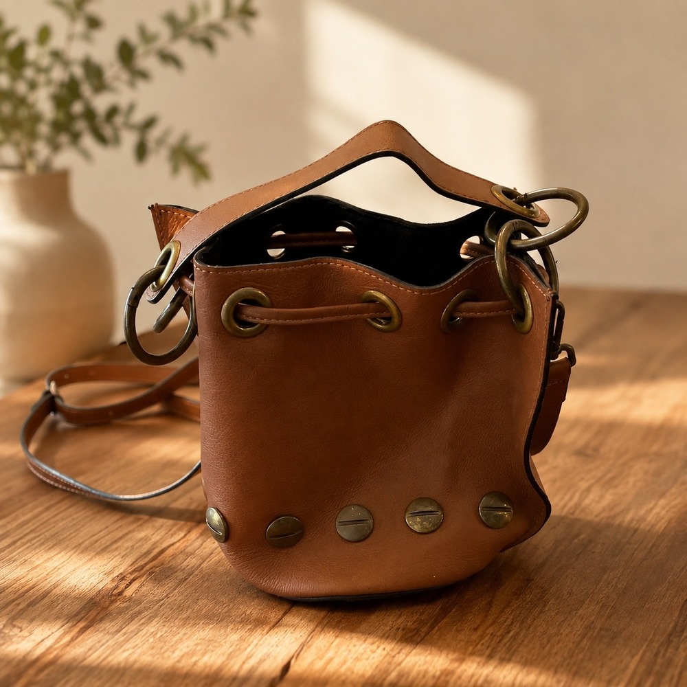Valentina Fiore Brown Leather Studded Bucket Bag Crossbody Made in Italy